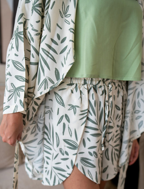 Women summer 3 piece pajama set Mint Top + Green Leaves kimono & Short